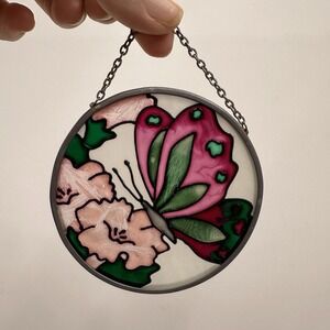 Vintage Stained Glass Suncatcher Butterfly Flower‎ Round 3.5" Nature Floral